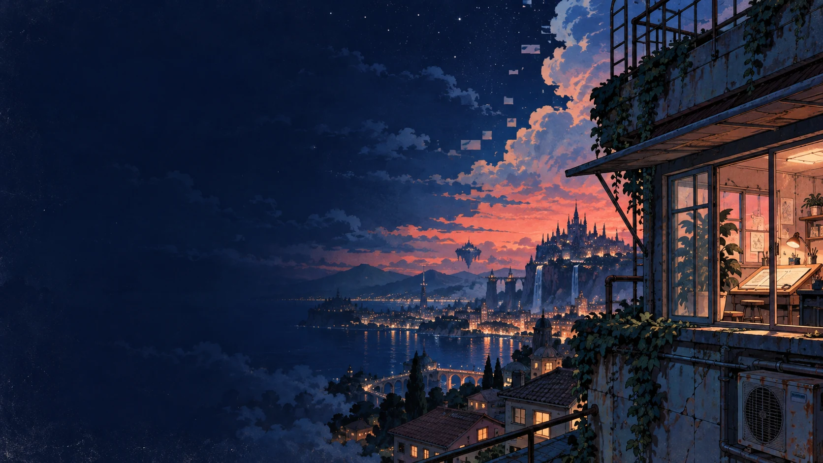 Estúdio de anime retrô à noite, com televisão de tubo e uma cidade fantástica ao fundo