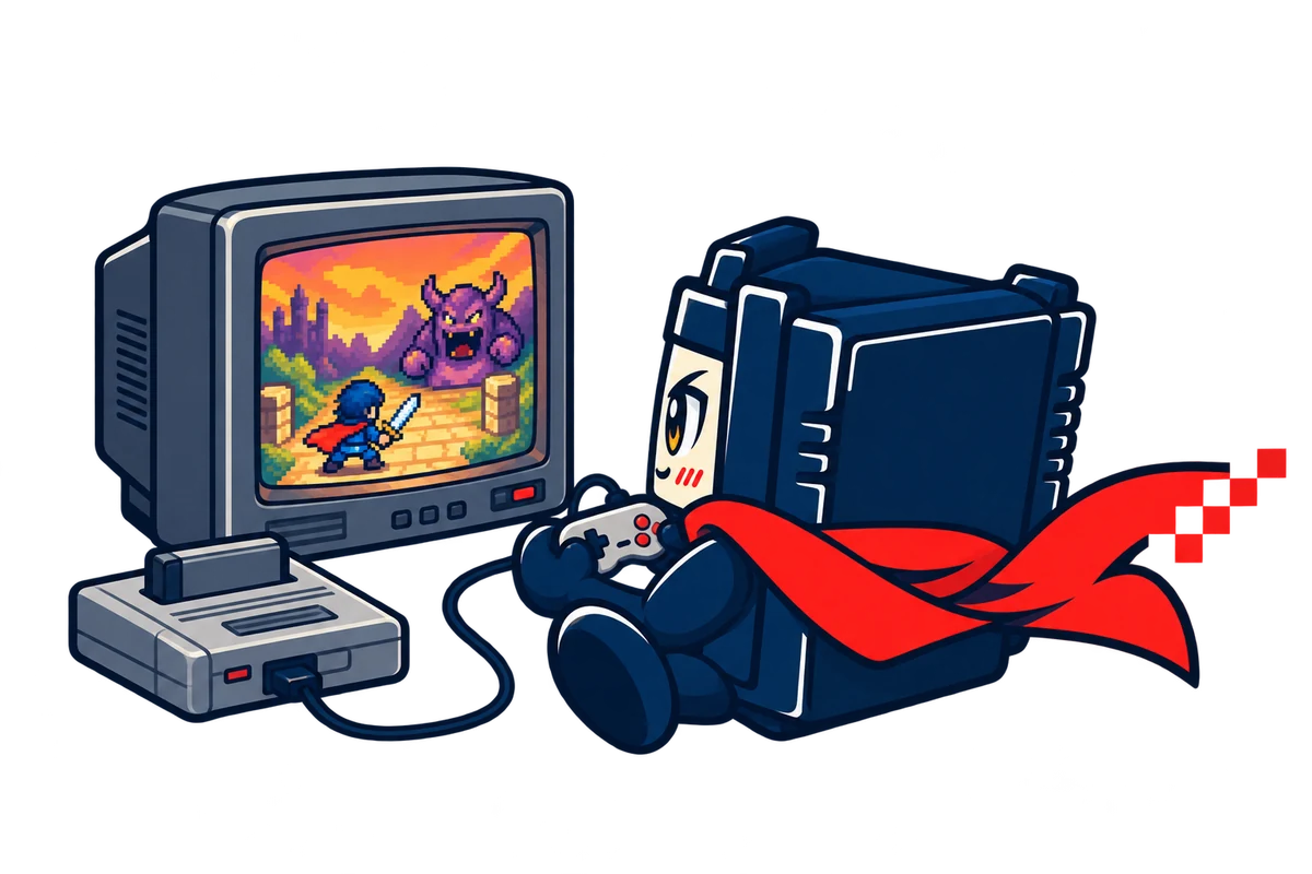 Cartucho Herói jogando videogame em uma TV de tubo