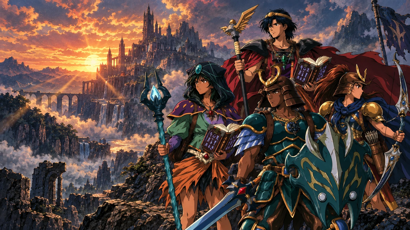 Nima, Veyr, Brann e Lyra diante de uma cidadela fantástica